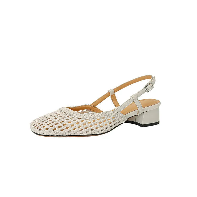 Beige women's woven sandals with a chunky heel, closed toe, and buckle strap on a white background.