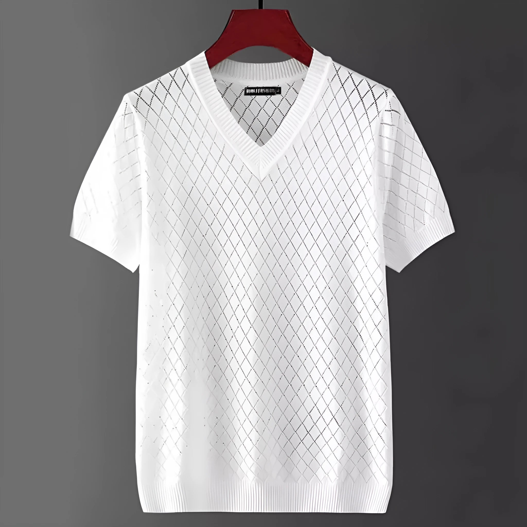 Man modelling a white ice silk V-neck t-shirt with a cut-out detail on the chest.