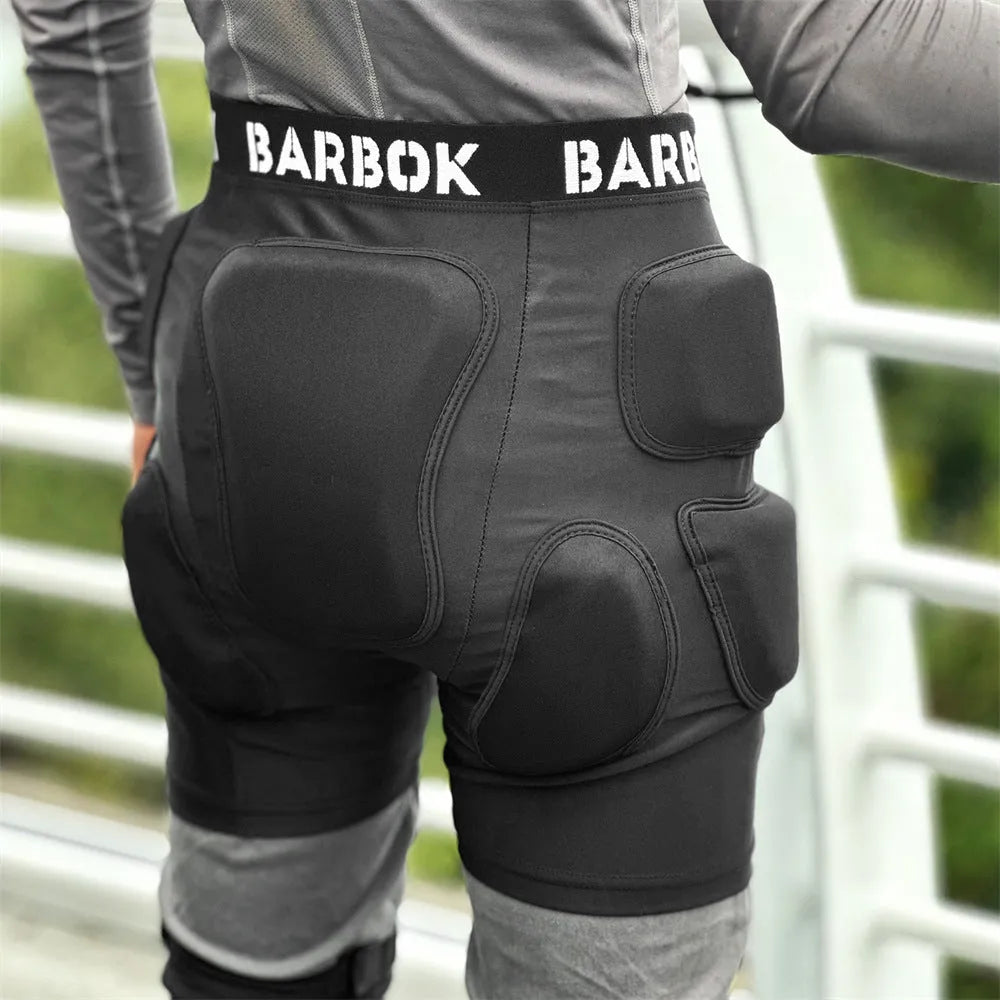 Black sports hip protector with NBR foam padding on spandex base for skating and skiing safety