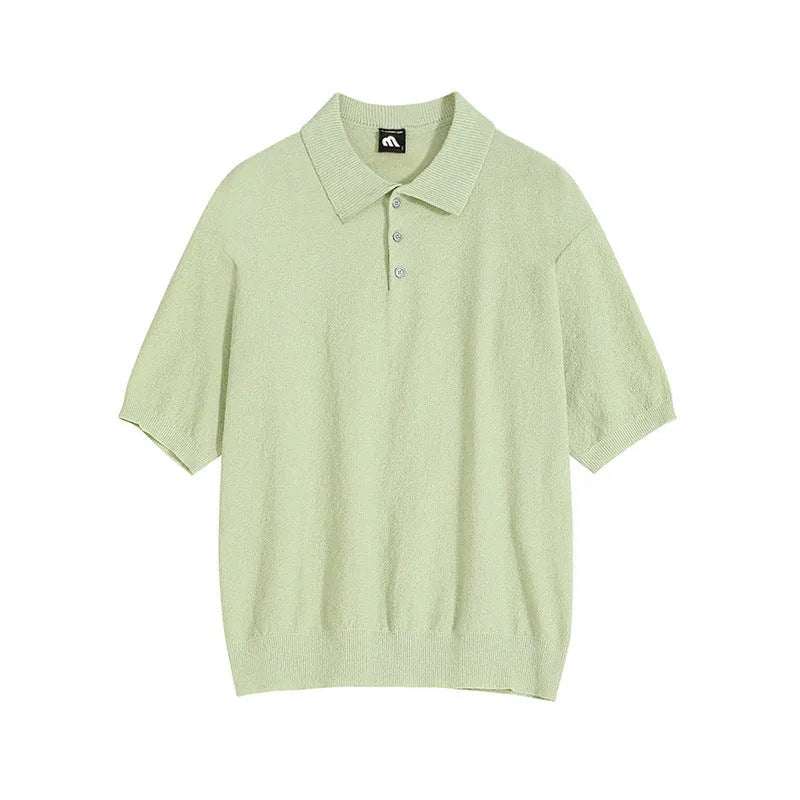 Men's retro asymmetric knitted polo shirt in caramel colour with short sleeves and loose fit