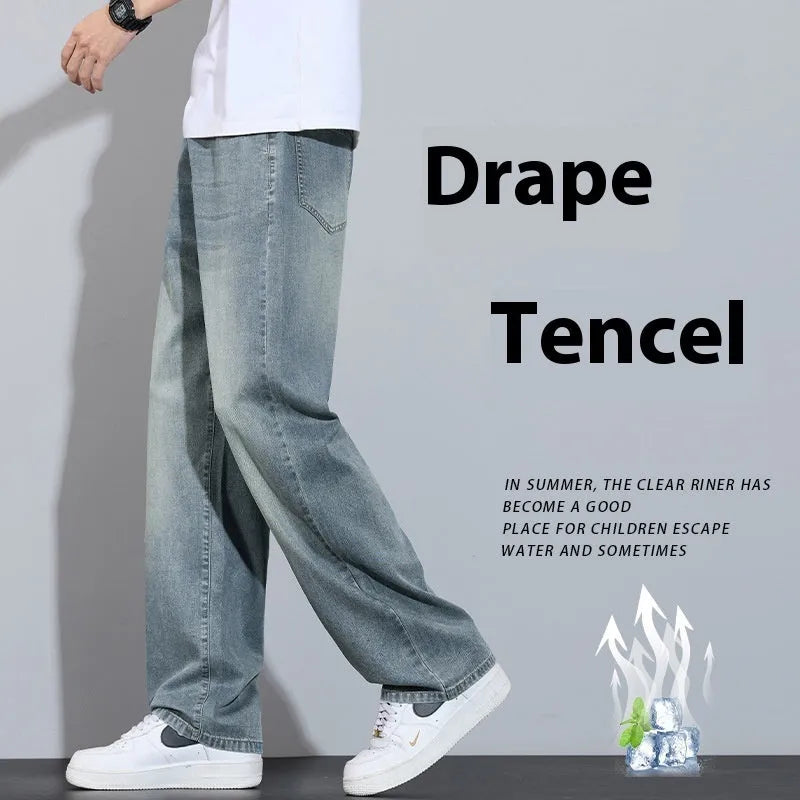 Straight-leg casual trousers in thin ice silk denim fabric shown in UK2560 blue colour.