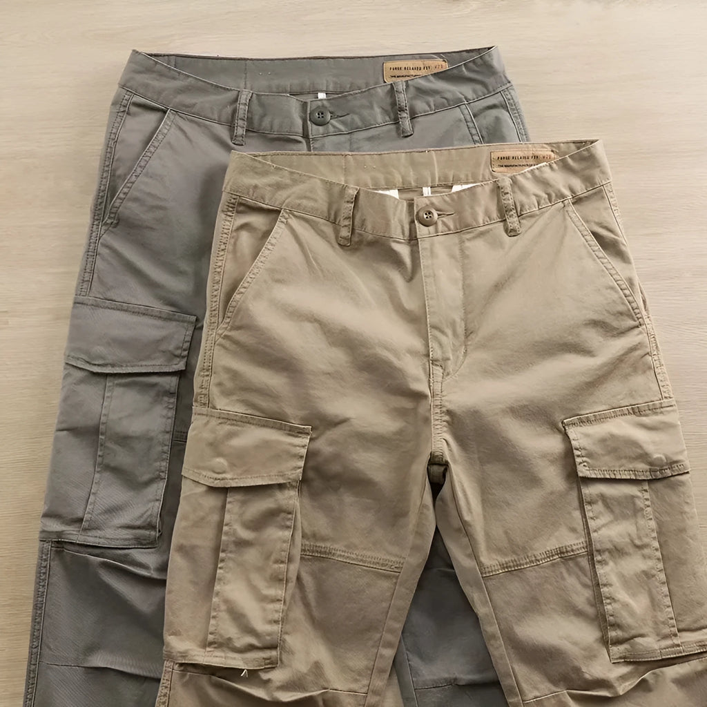Men's khaki cotton trousers with multiple pockets and a cropped ankle length.