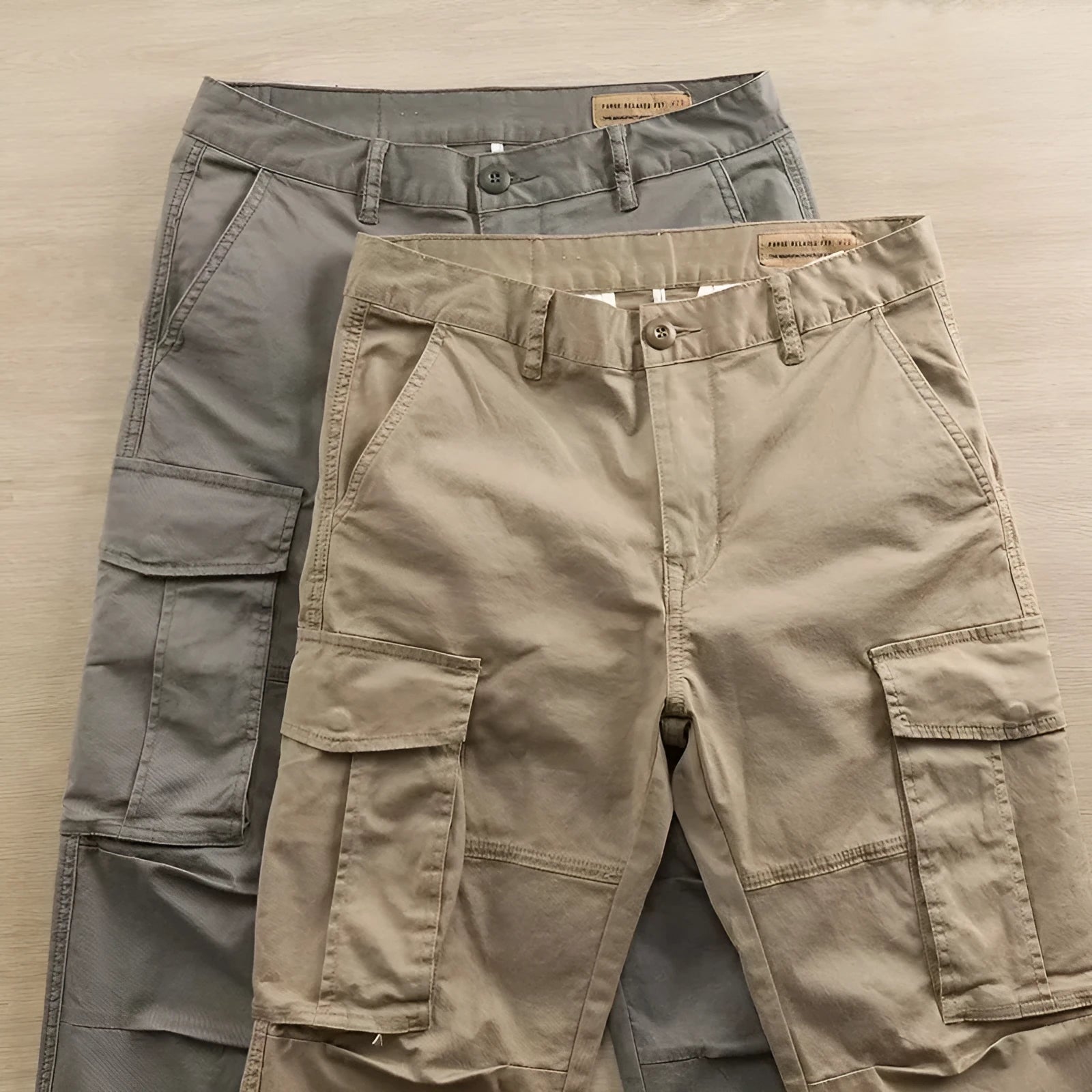 Men's khaki cotton trousers with multiple pockets and a cropped ankle length.