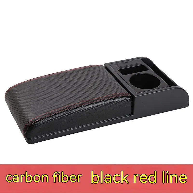 Universal automobile armrest box cover in black with red accent lines on car centre console