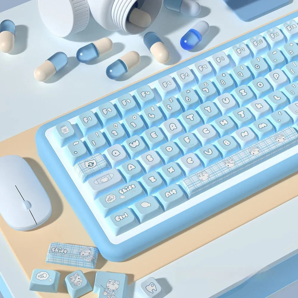 Watercolour cat design custom PTB keycap set for mechanical keyboards, showing 138 or 158 keys.