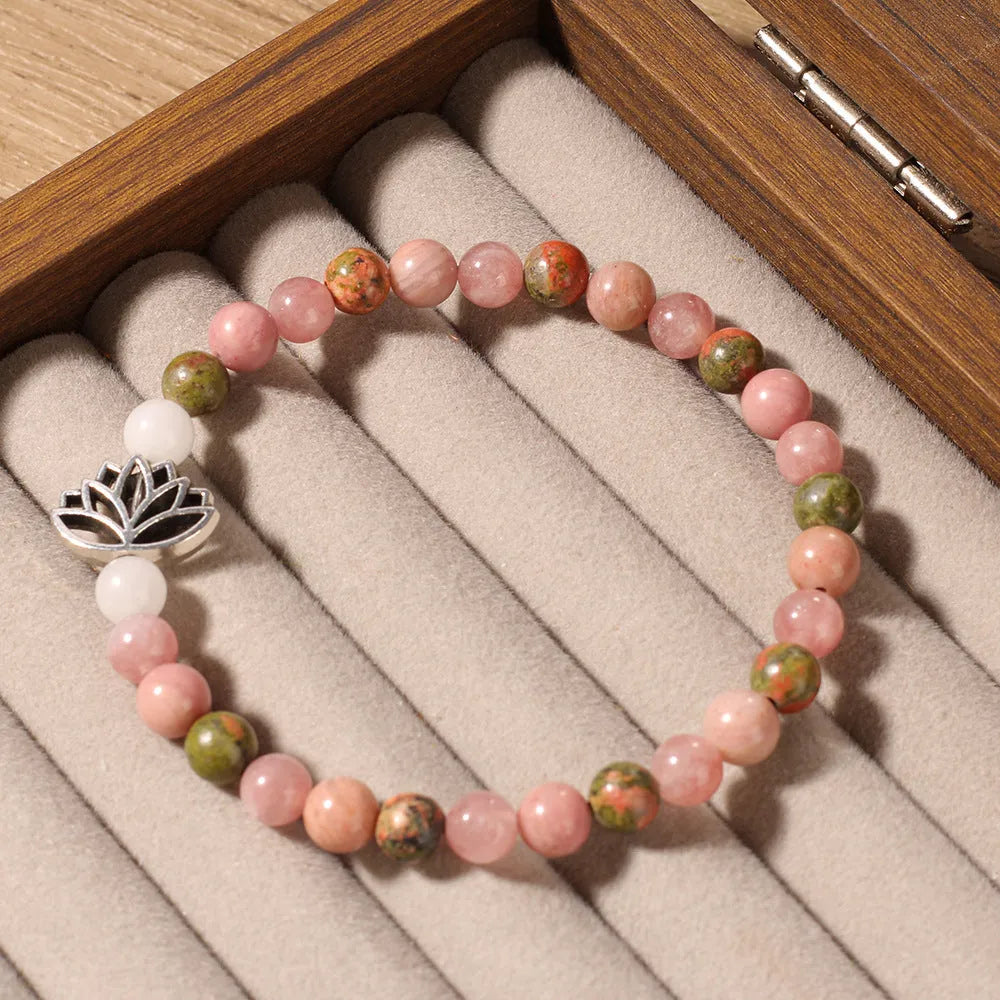 Rhodonite crystal natural stone seven pulse lotus bracelet French retro handmade colour L1381