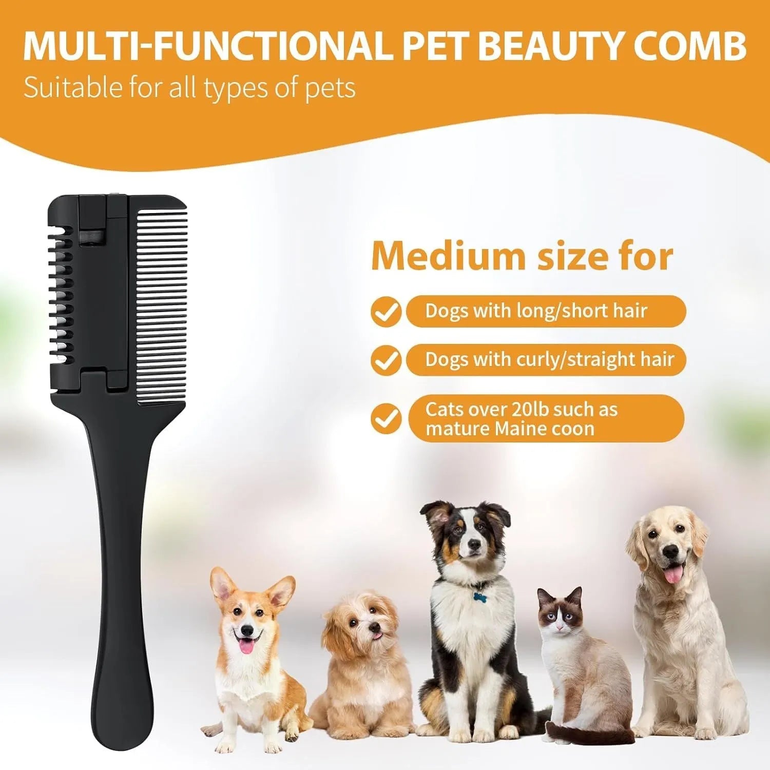 A 2-in-1 razor comb for grooming dogs and cats, shown with spare blades, on a neutral background.