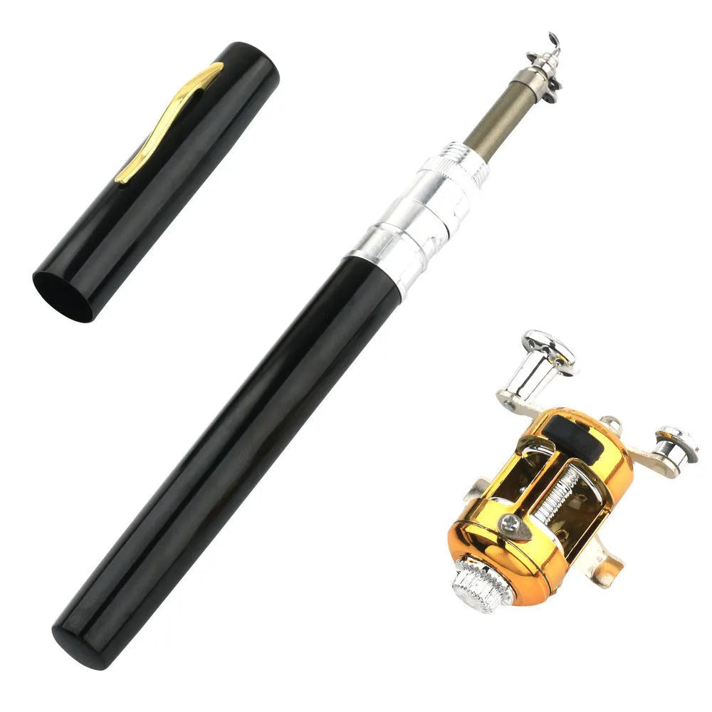 Gold telescopic pocket fishing rod extended next to its aluminium pen case and ST5RL reel.