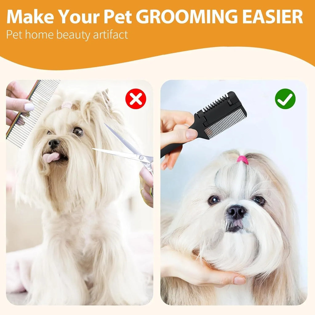 A 2-in-1 razor comb for grooming dogs and cats, shown with spare blades, on a neutral background.