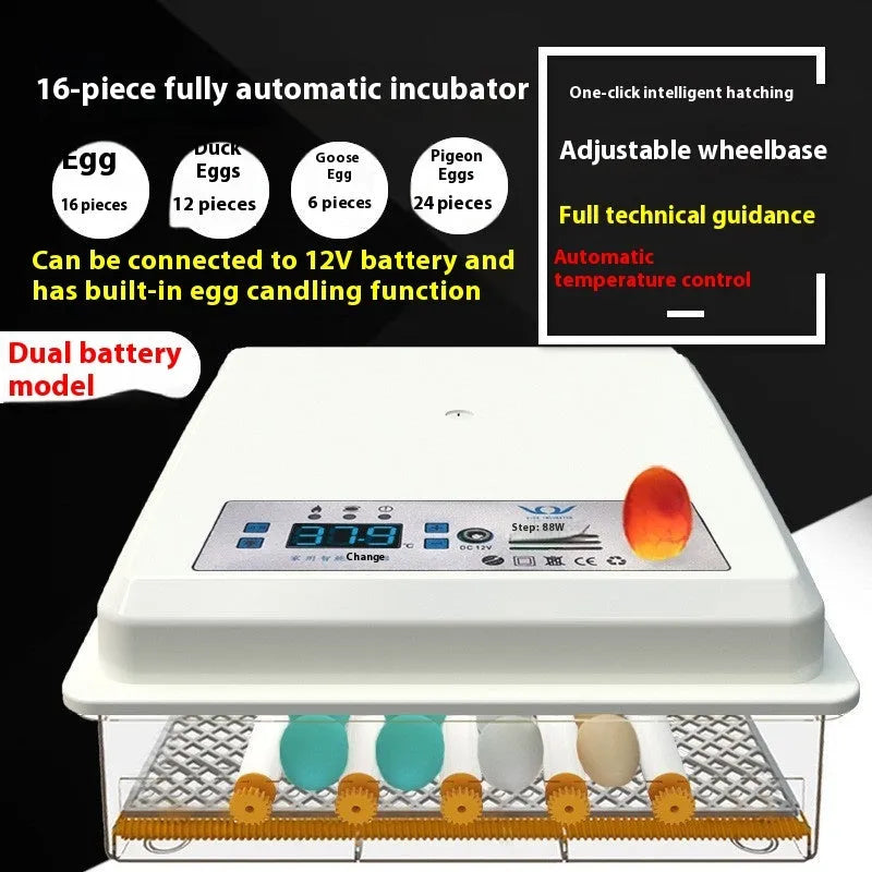 Fully automatic plastic incubator with 16 egg capacity and digital temperature control panel