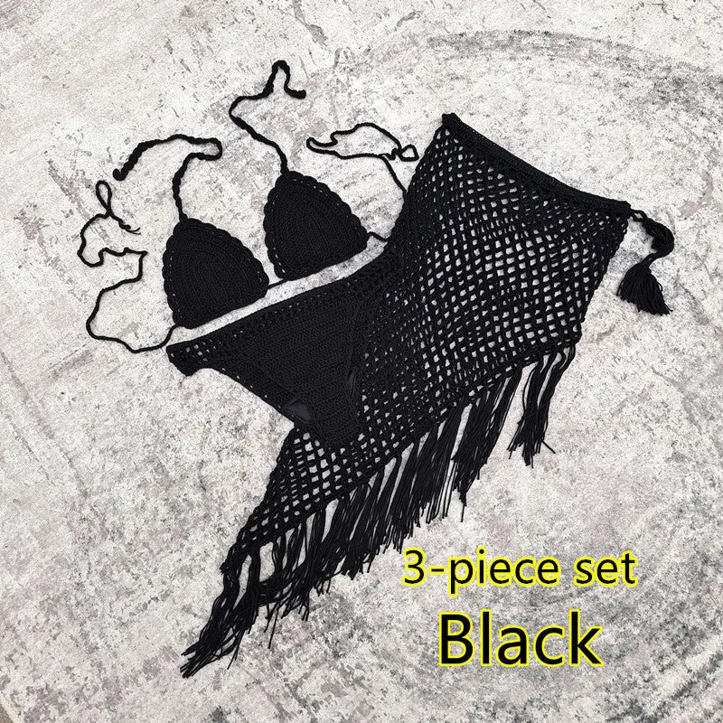 Women's 3-piece handmade crochet bikini set with nylon lining in solid colour options for beach and swimming.
