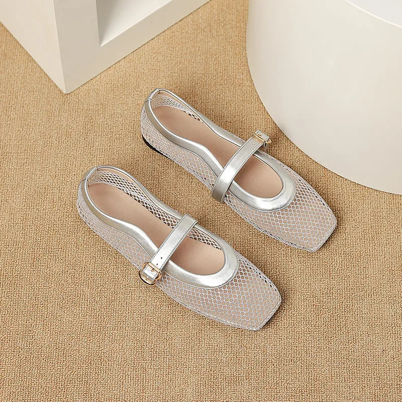 Women's summer mesh pumps with hollow out design, buckle closure, and low flat heel in multiple colour options