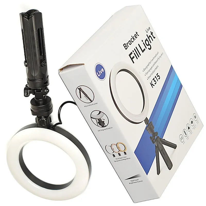 Black desktop smartphone tripod kit with adjustable fill light for live streaming