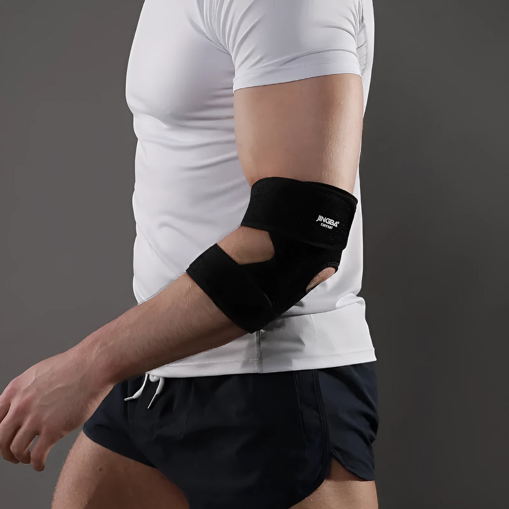 Black adjustable sports elbow guard for badminton, basketball, and training.
