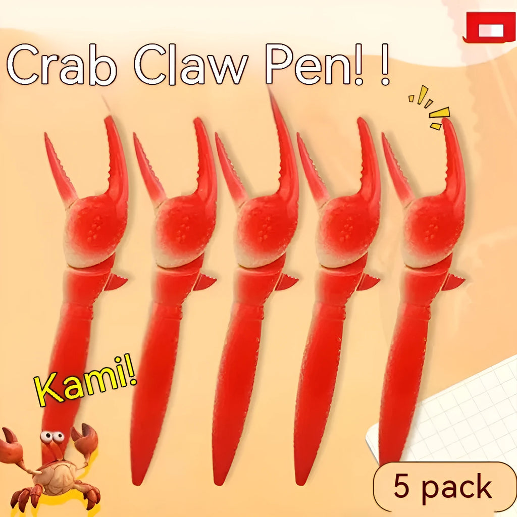 Crab-shaped novelty ballpoint pen with red pressable pincer clips on a white background