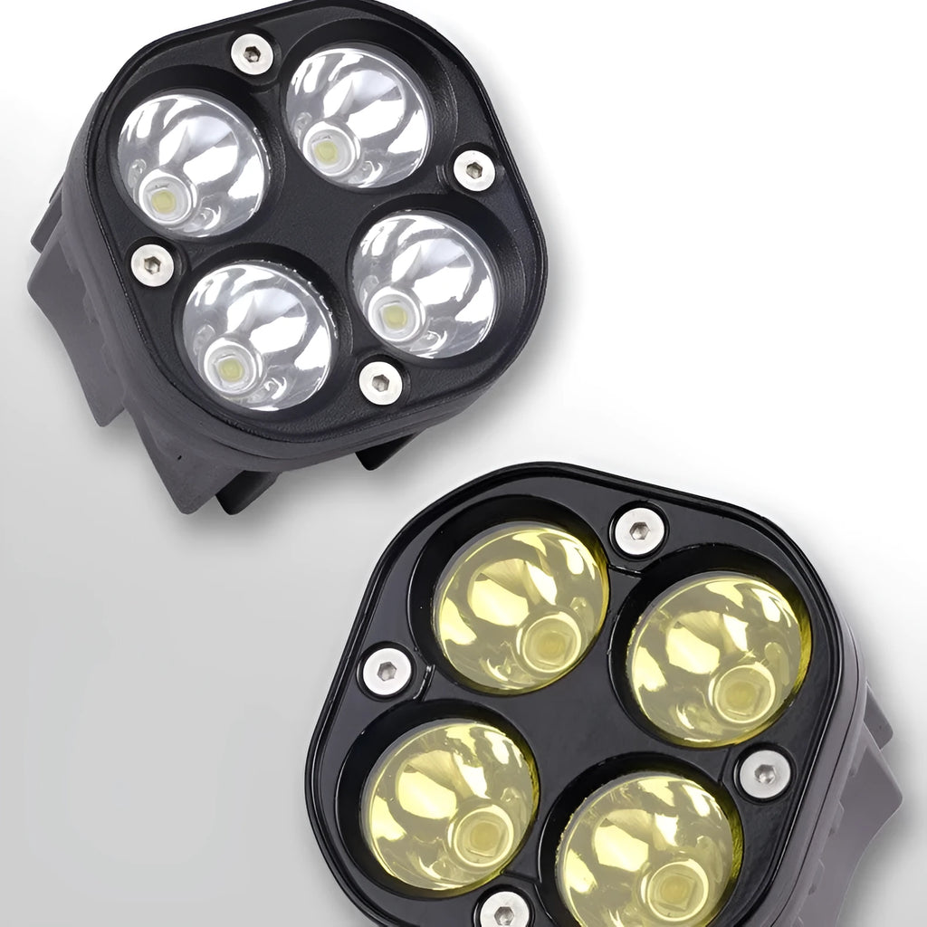 Four-eye vehicle headlight modification with aluminium base plate showing white and yellow light options
