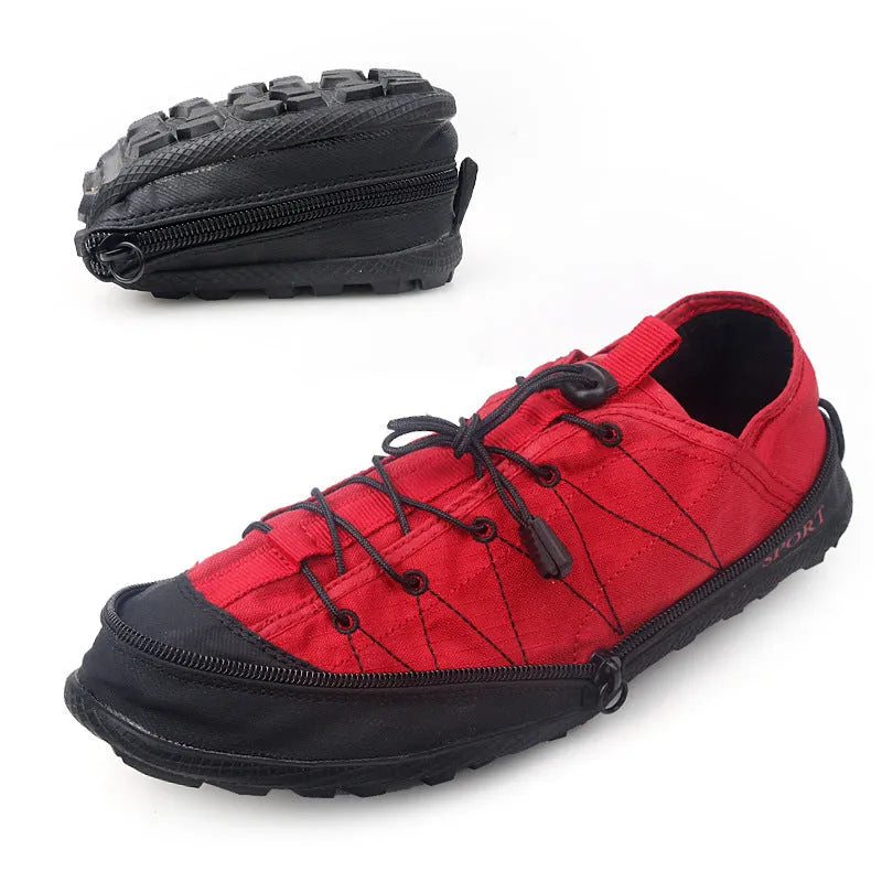Orange, black, and grey folding outdoor shoes with a side zipper and mesh upper.