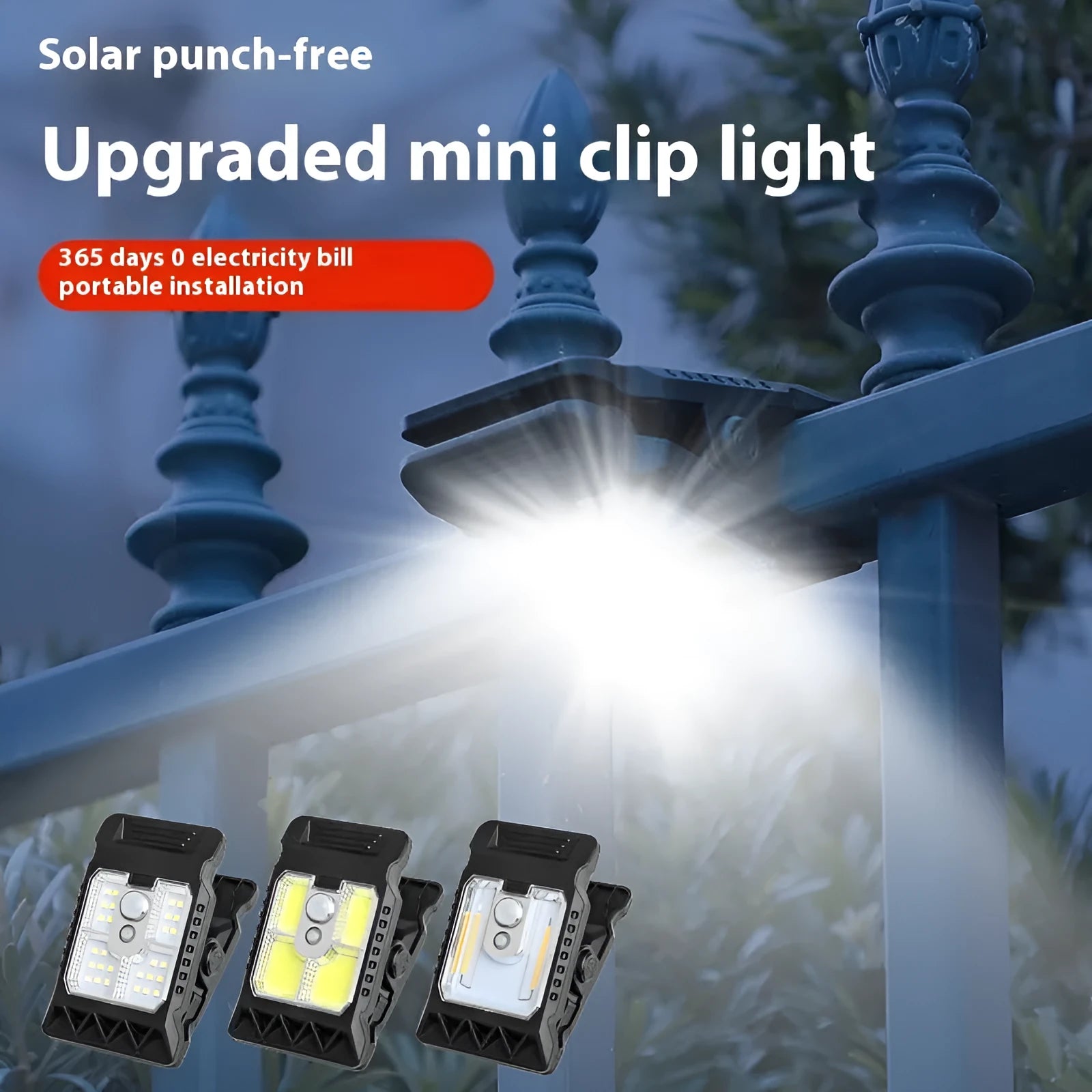 White ABS plastic intelligent induction clip lamp showing clip and sensor, dimensions 11.2 by 7.6 cm.
