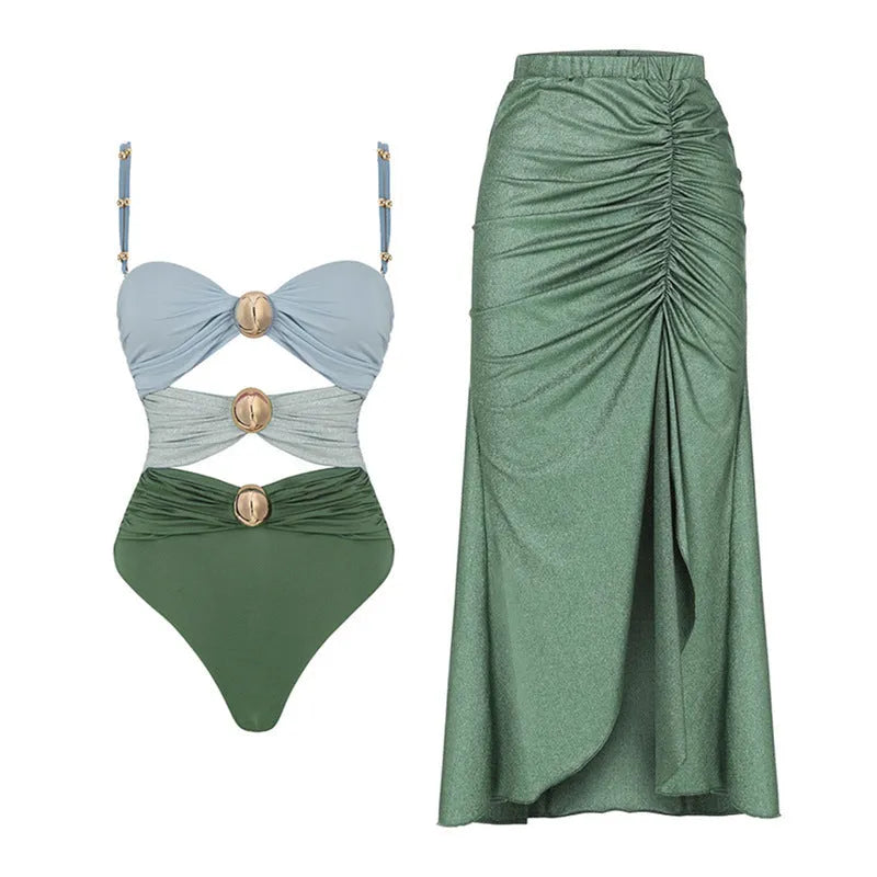 Women's high-waist bikini swimsuit set with top, bottoms, and a removable skirt on a mannequin.