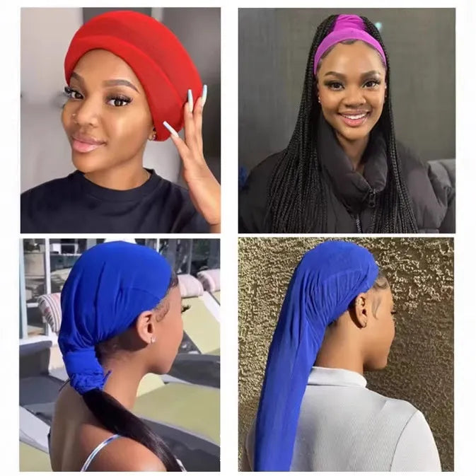 Breathable black mesh wig cap with elastic spandex material shown stretched.