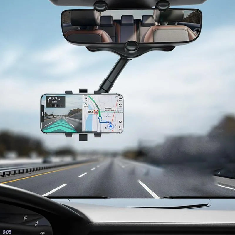 Black rearview mirror car phone holder showing adjustable arm and universal four-claw phone grip.