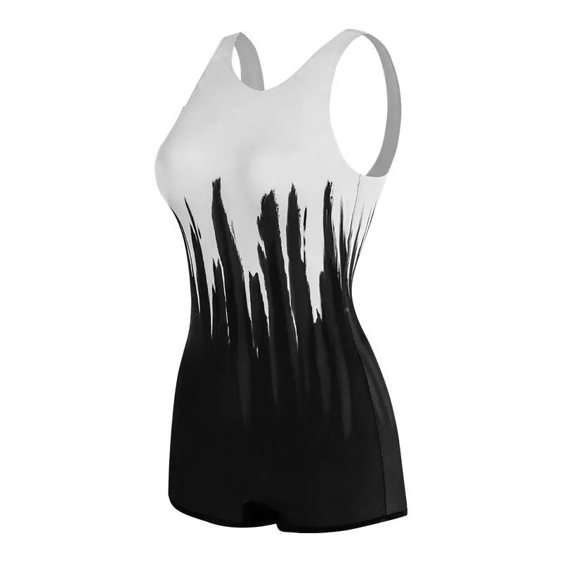 Black conservative sports one-piece swimsuit with printed pattern and full lining