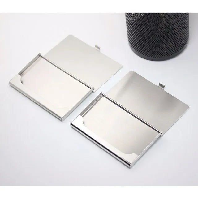 304 stainless steel business card case with geometric laser engraving showing 92.5 x 58 mm dimensions