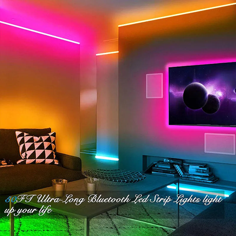 12V RGB LED light strip coil with Bluetooth remote control and power adapter on a white background.