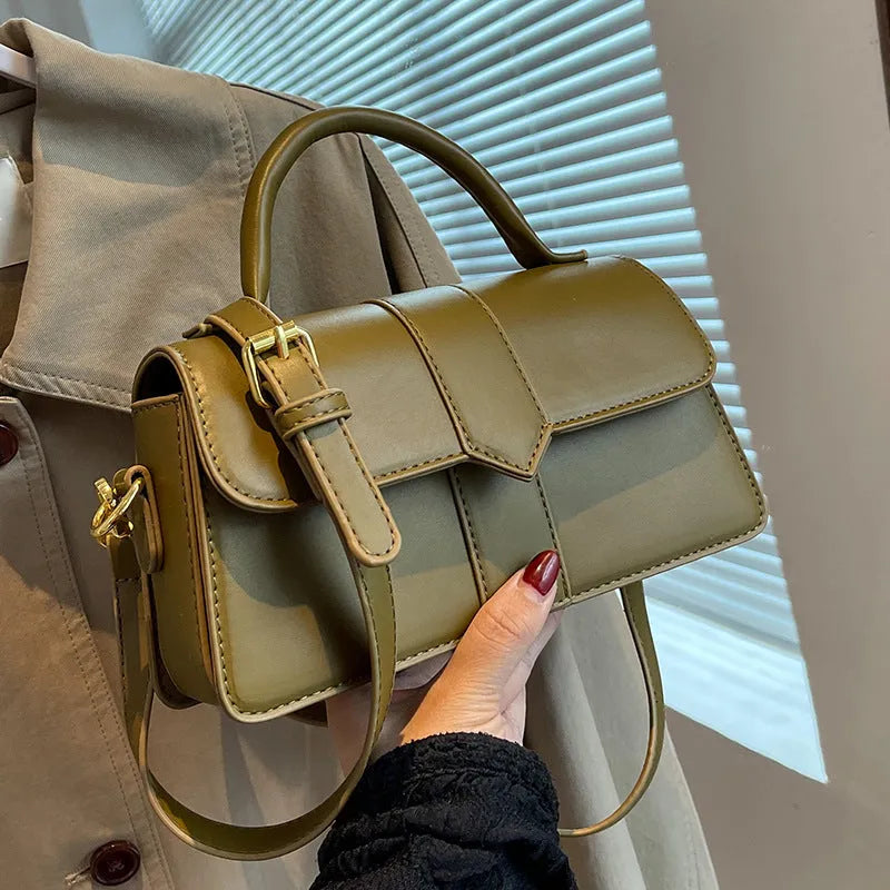 Beige PU leather women's messenger bag showing file compartment and sandwich pocket.