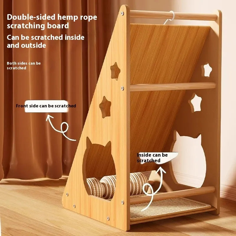 Vertical wall-mounted cat scratch board with integrated teasing ball and natural sisal rope surface