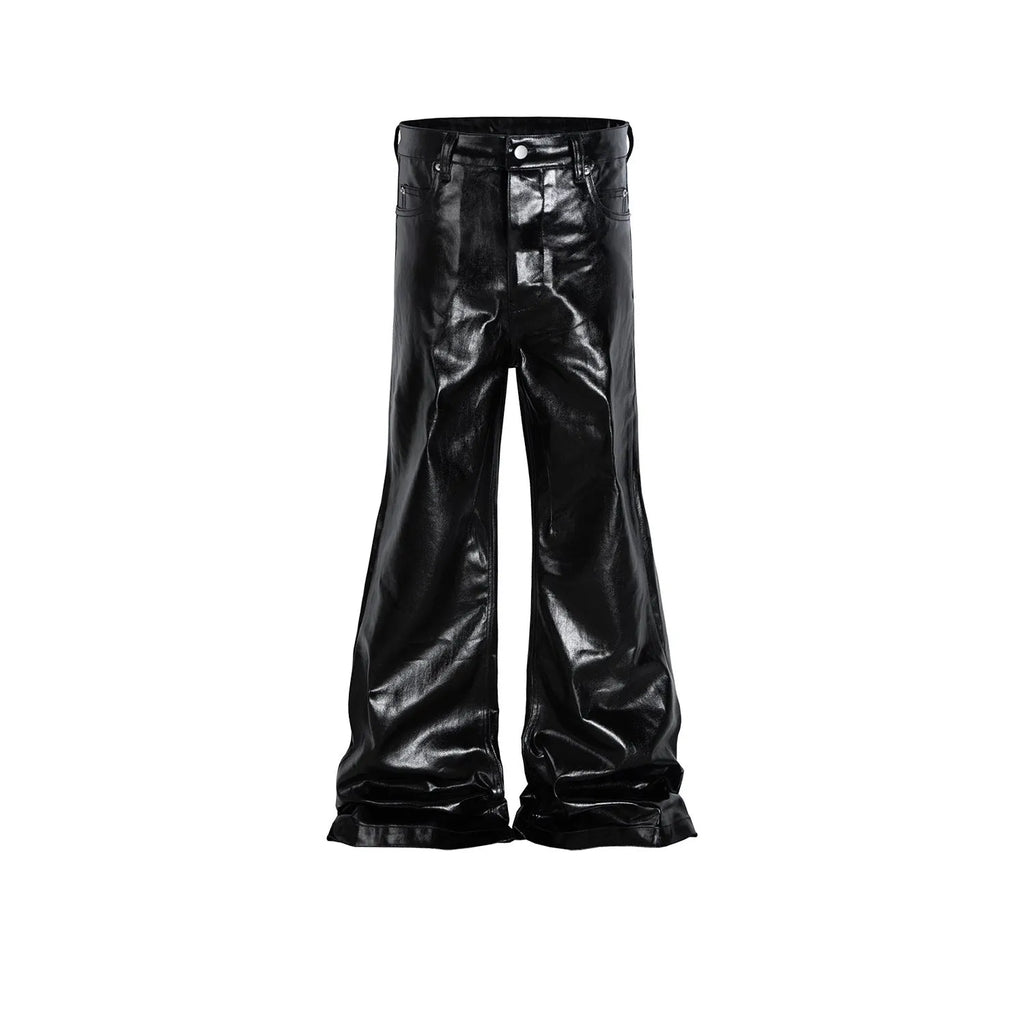 Black women's skinny jeans with a shiny patent leather finish, showing straight-leg cut and mid-rise waist.