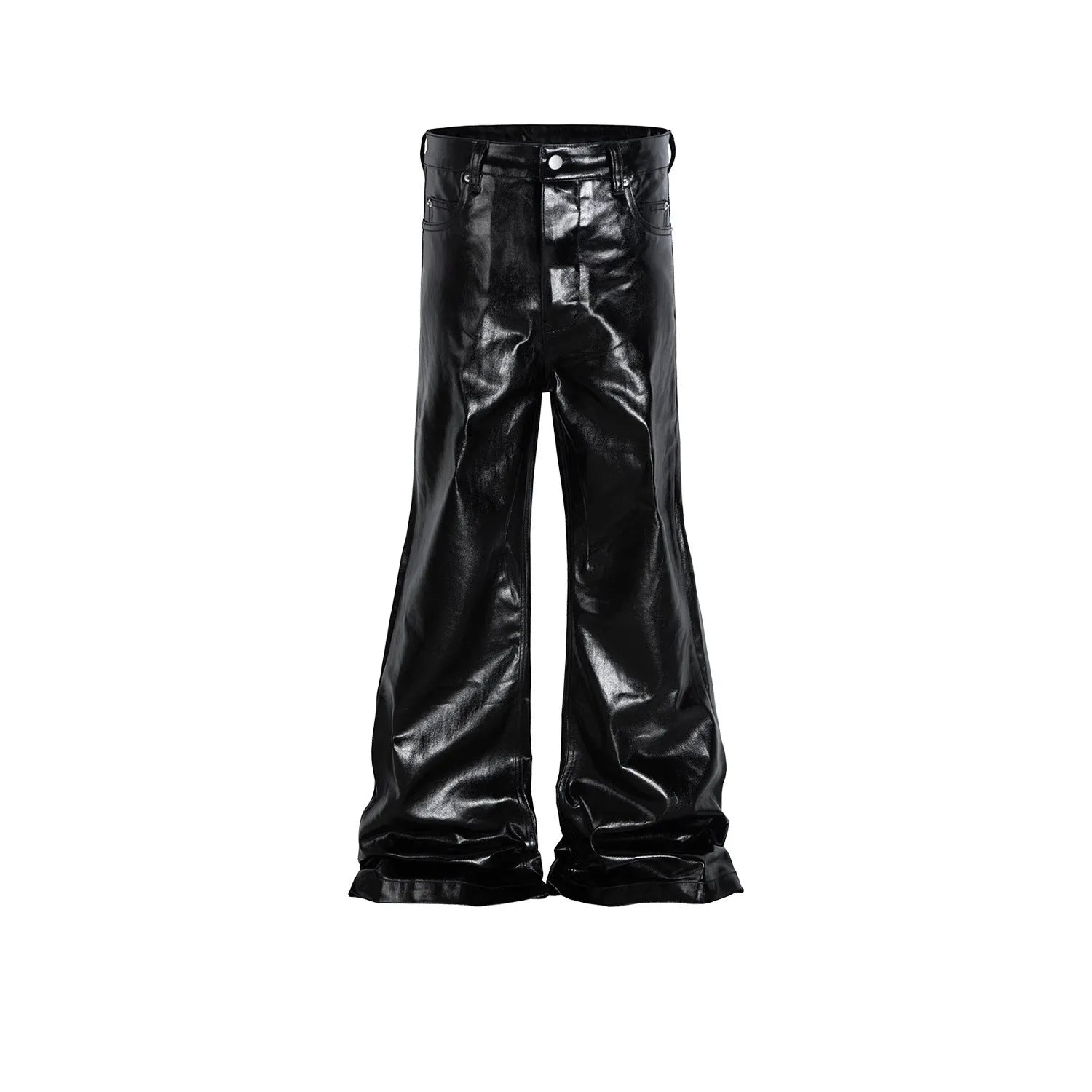 Black women's skinny jeans with a shiny patent leather finish, showing straight-leg cut and mid-rise waist.