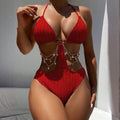 Women's lace-up cutout one-piece swimsuit in solid colour, available in khaki or red, polyester fabric