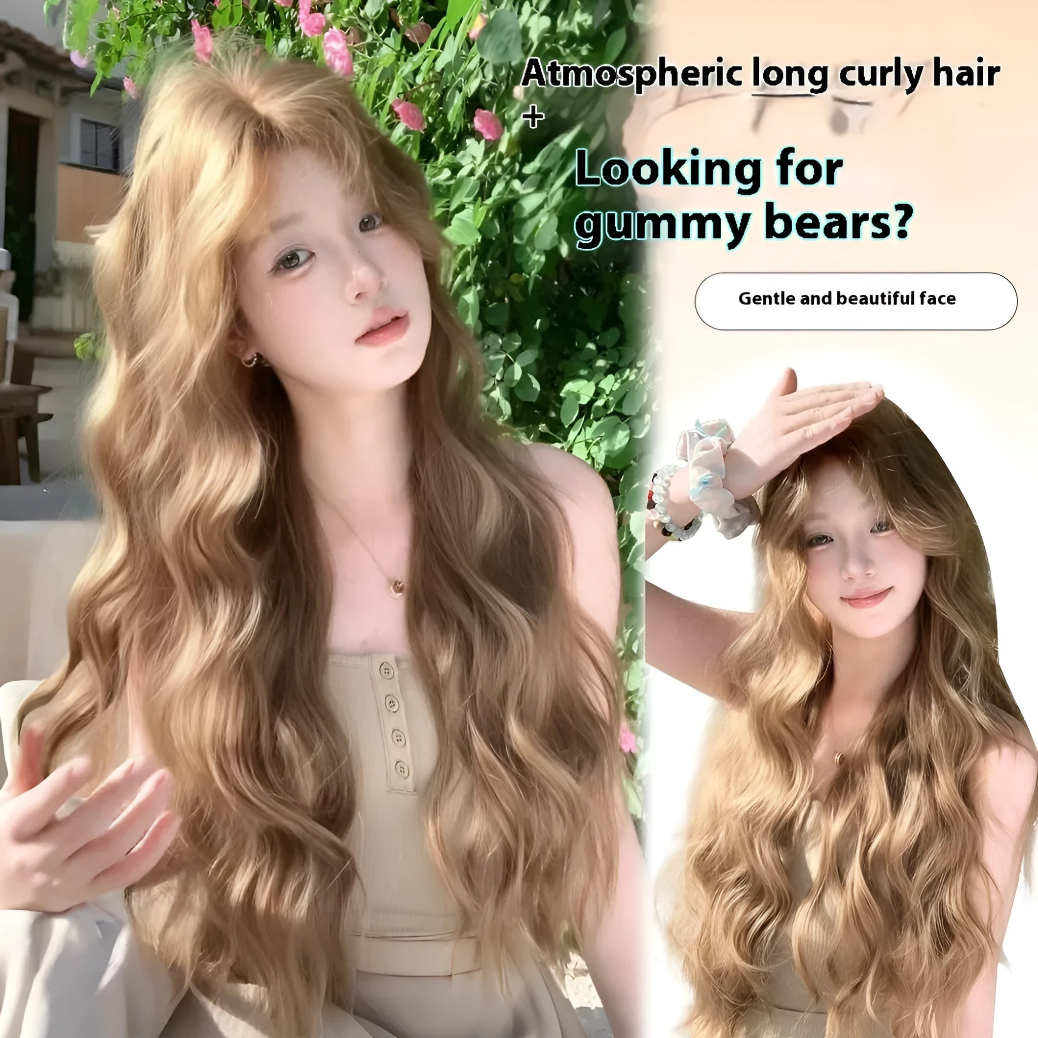 Brown linen long curly medium length wig with hair net on display