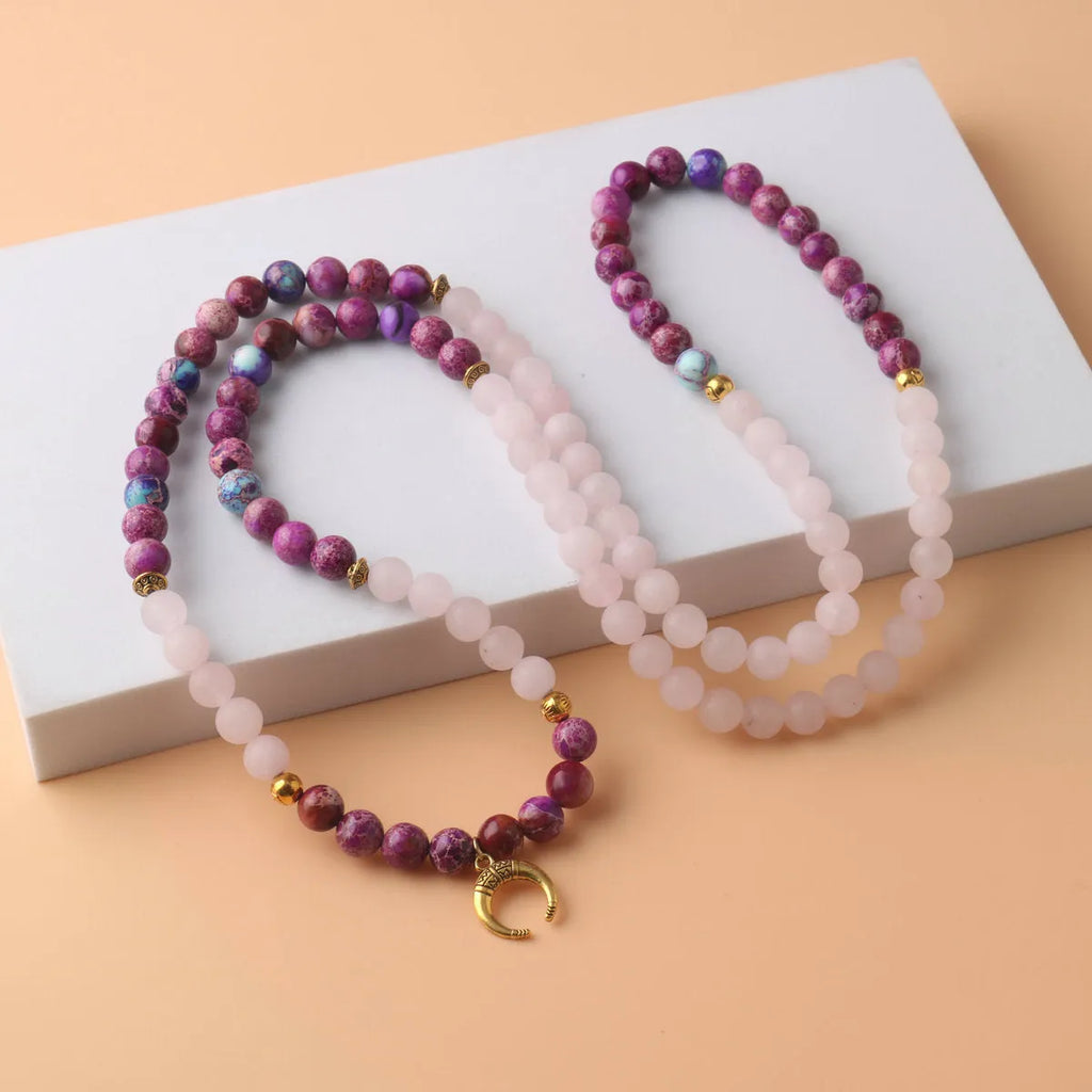 Emperor Stone necklace with pink crystal round beads pendant on chain