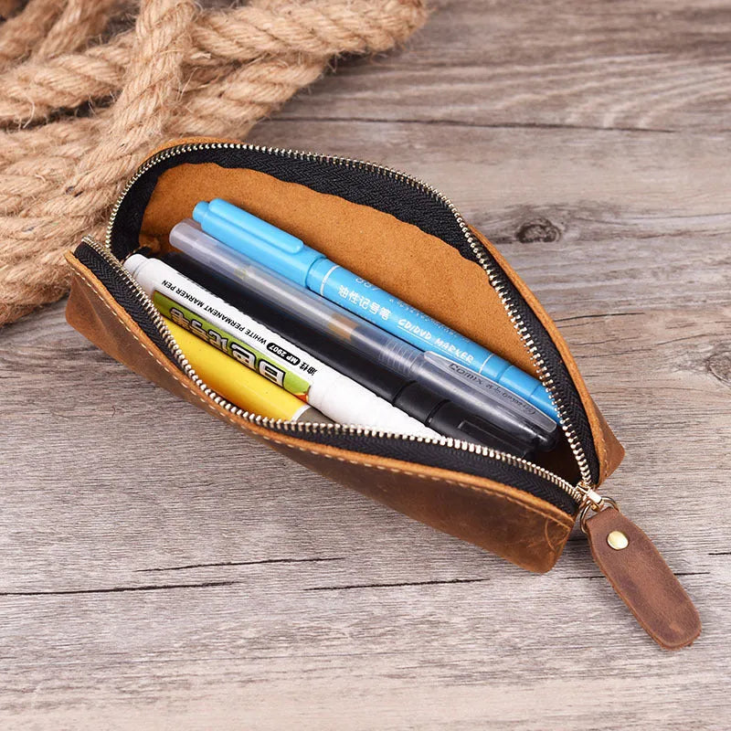 Square brown genuine cowhide leather pencil case with zipper closed