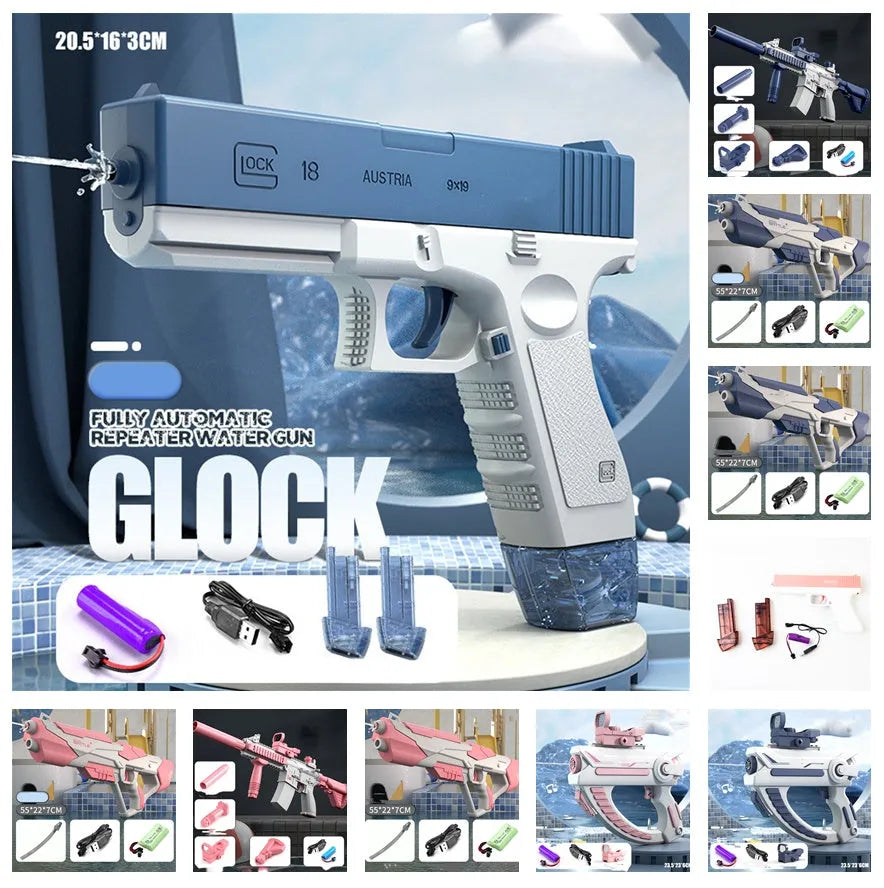 Blue electric water gun with USB charging port and trigger, showing water capacity measurement