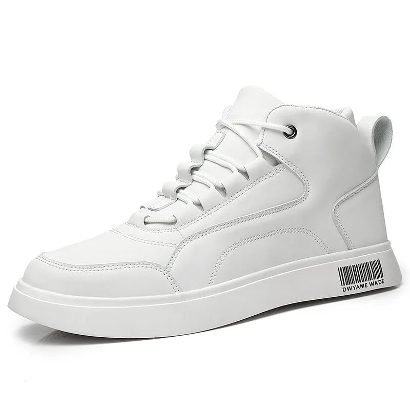Men's white mid-top casual sports shoes with lace-up front and rubber sole.