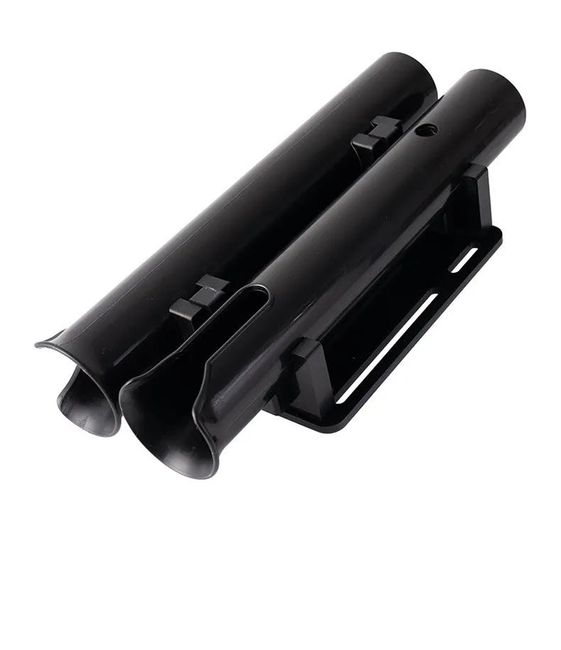 Black carbon fibre plastic fishing rod rack mounted on bicycle handlebars with adjustable straps