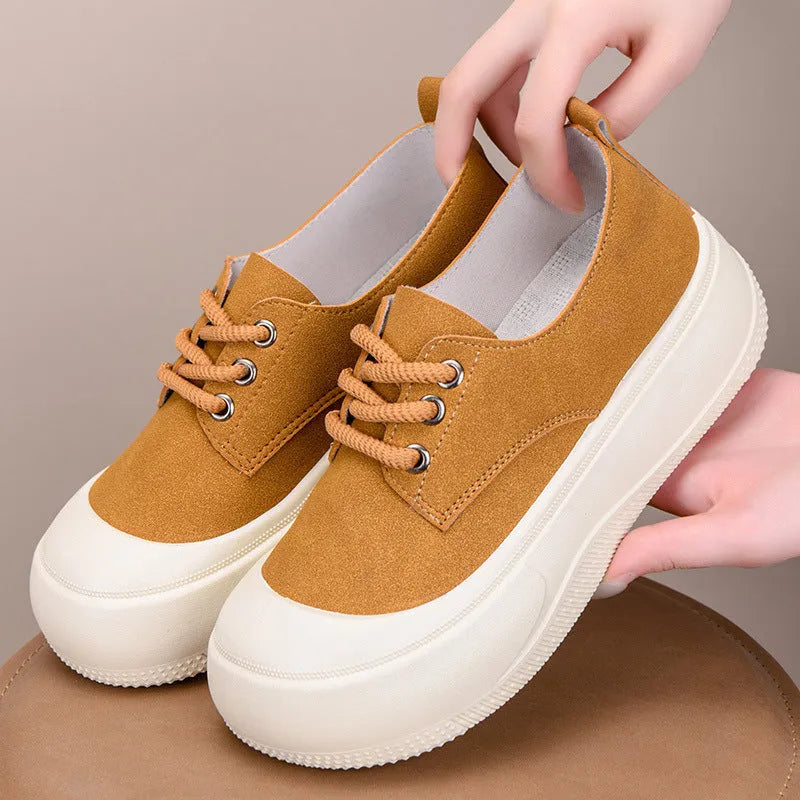 Women's camel suede platform loafers with lace-up front and a flat 4CM heel.
