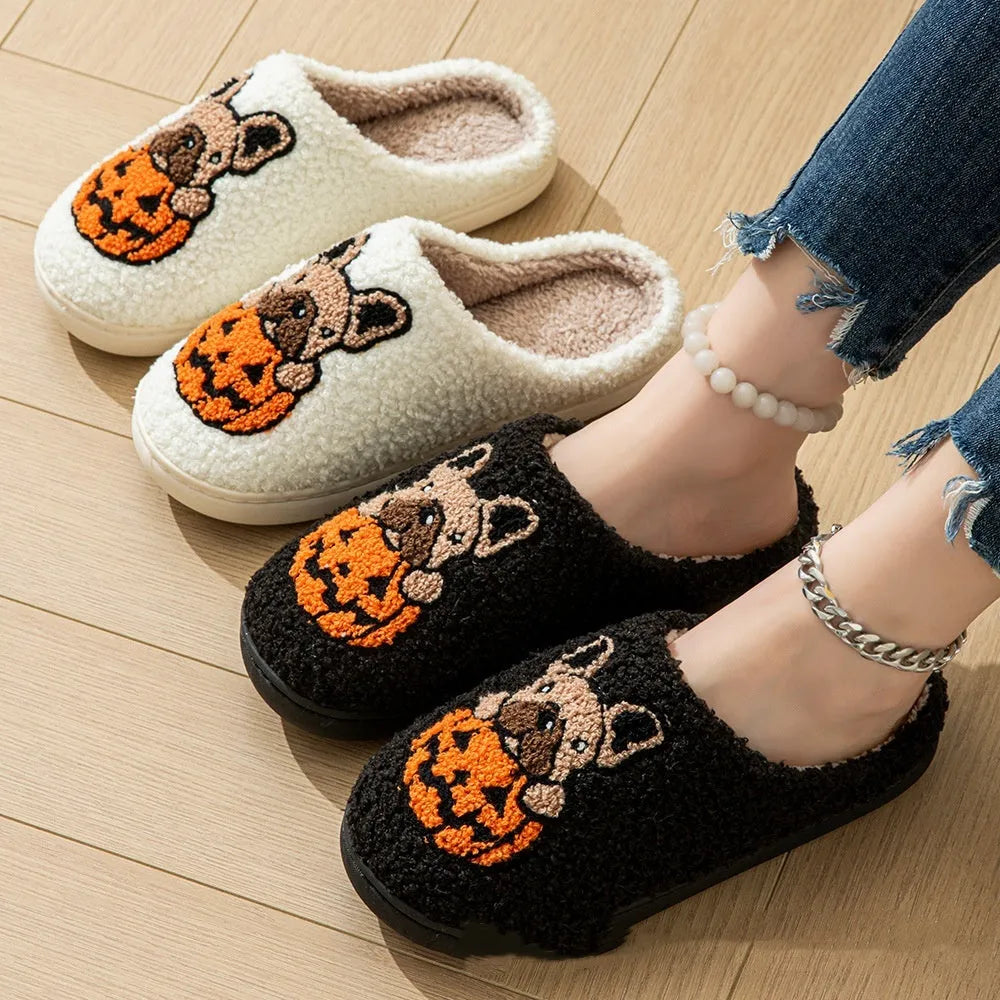 Black and white Halloween pumpkin slippers with plush upper and non-slip TPR soles