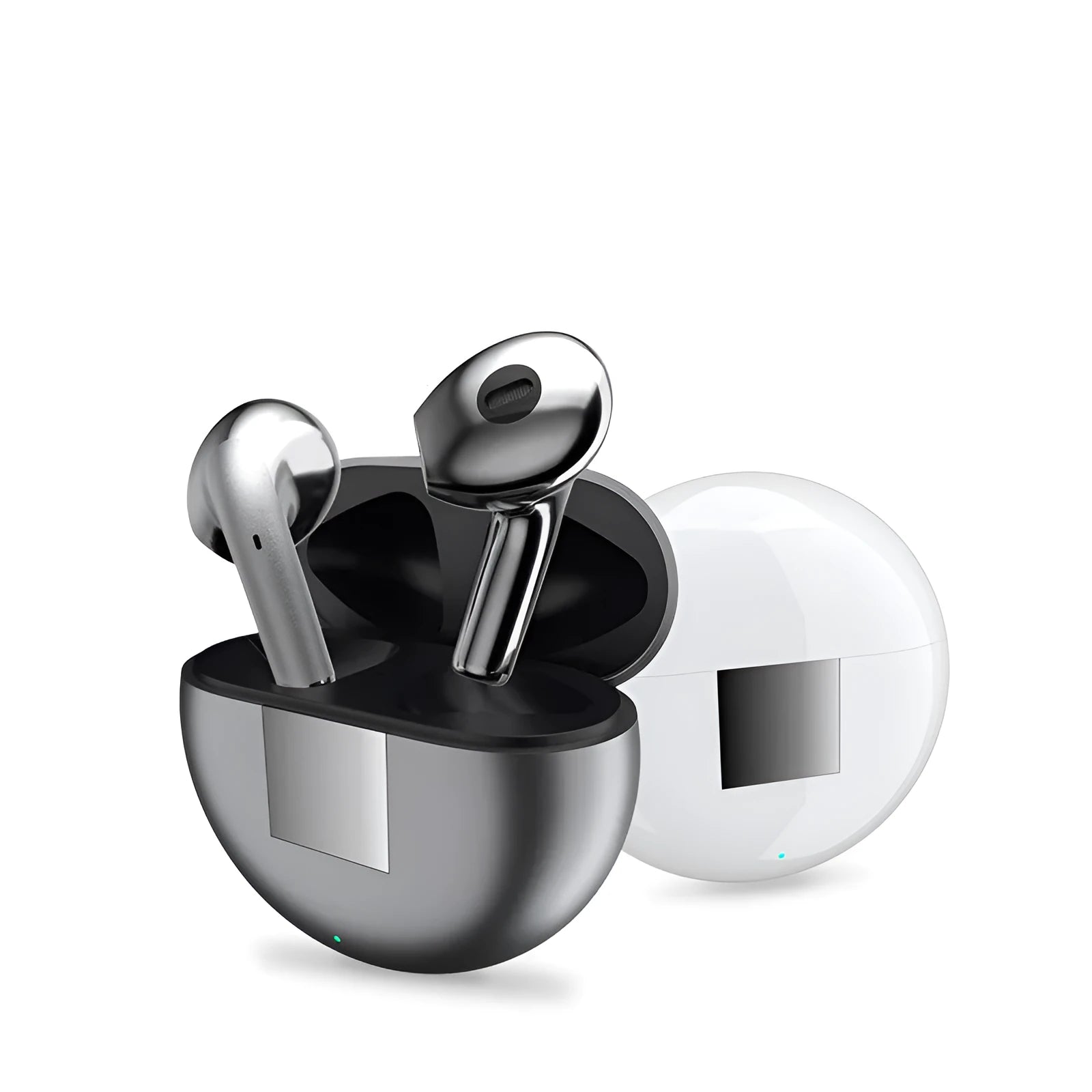 White Budz5 wireless Bluetooth semi-in-ear headphones with charging case on a white background
