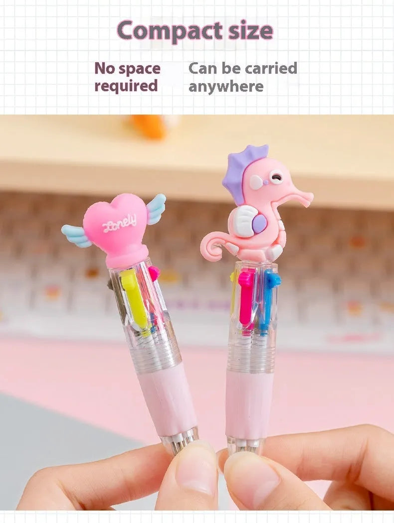 Cute cartoon press ballpoint pen showing one of five possible random designs: Cactus, Fast Food, Fruit and Vegetable, Heart Wing, or Seahorse.