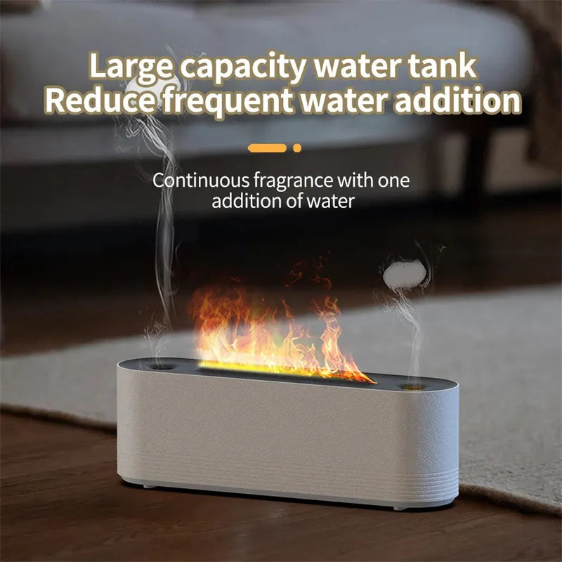 Black Flame Air ultrasonic humidifier diffuser emitting cool mist with a multi-colour LED flame light effect at its base.