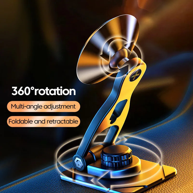 Telescopic folding car phone holder with magnetic mounting system on vehicle dashboard
