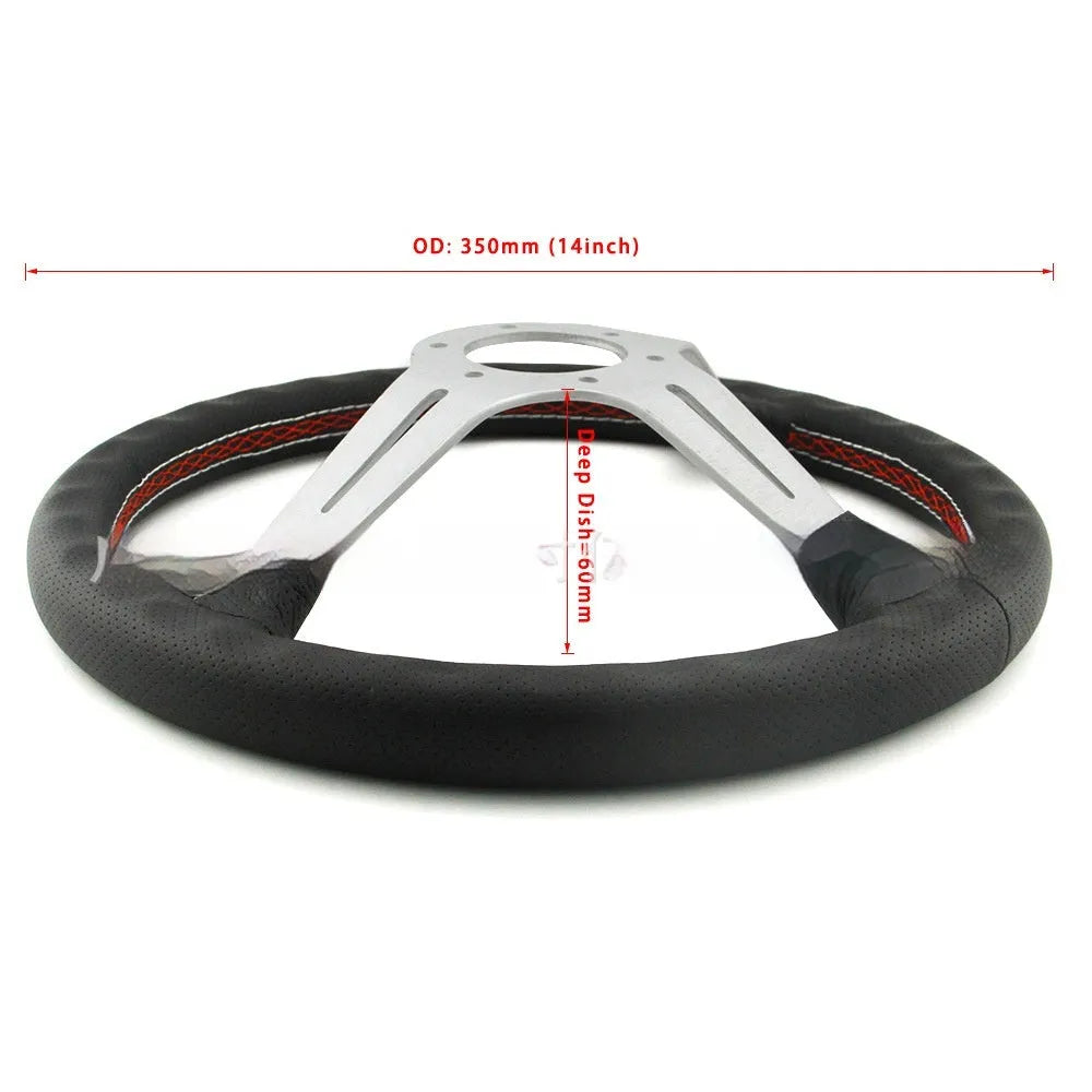 14-inch leather steering wheel with middle concave shape and silver black finish