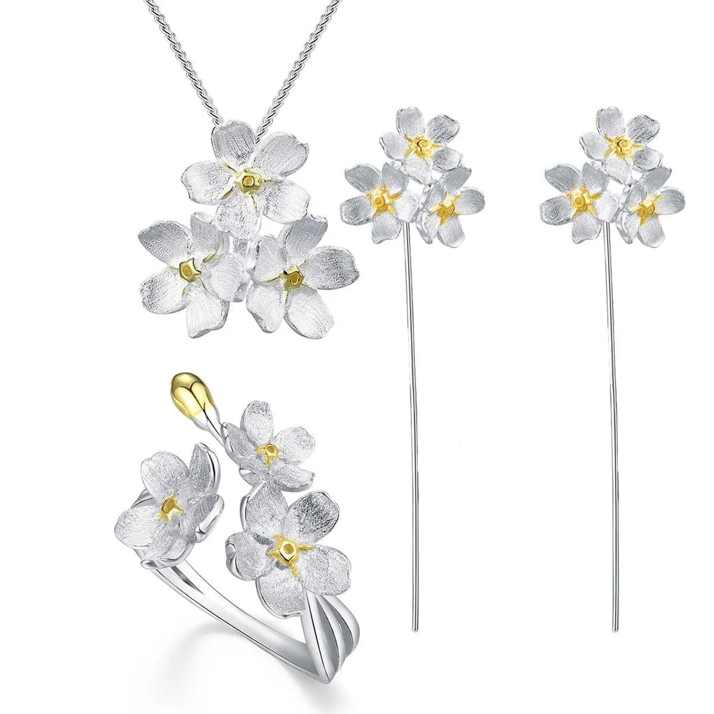 Myosotis Sylvatica sterling silver pendant with floral design in electroplated gold, silver gold, or silver finishes