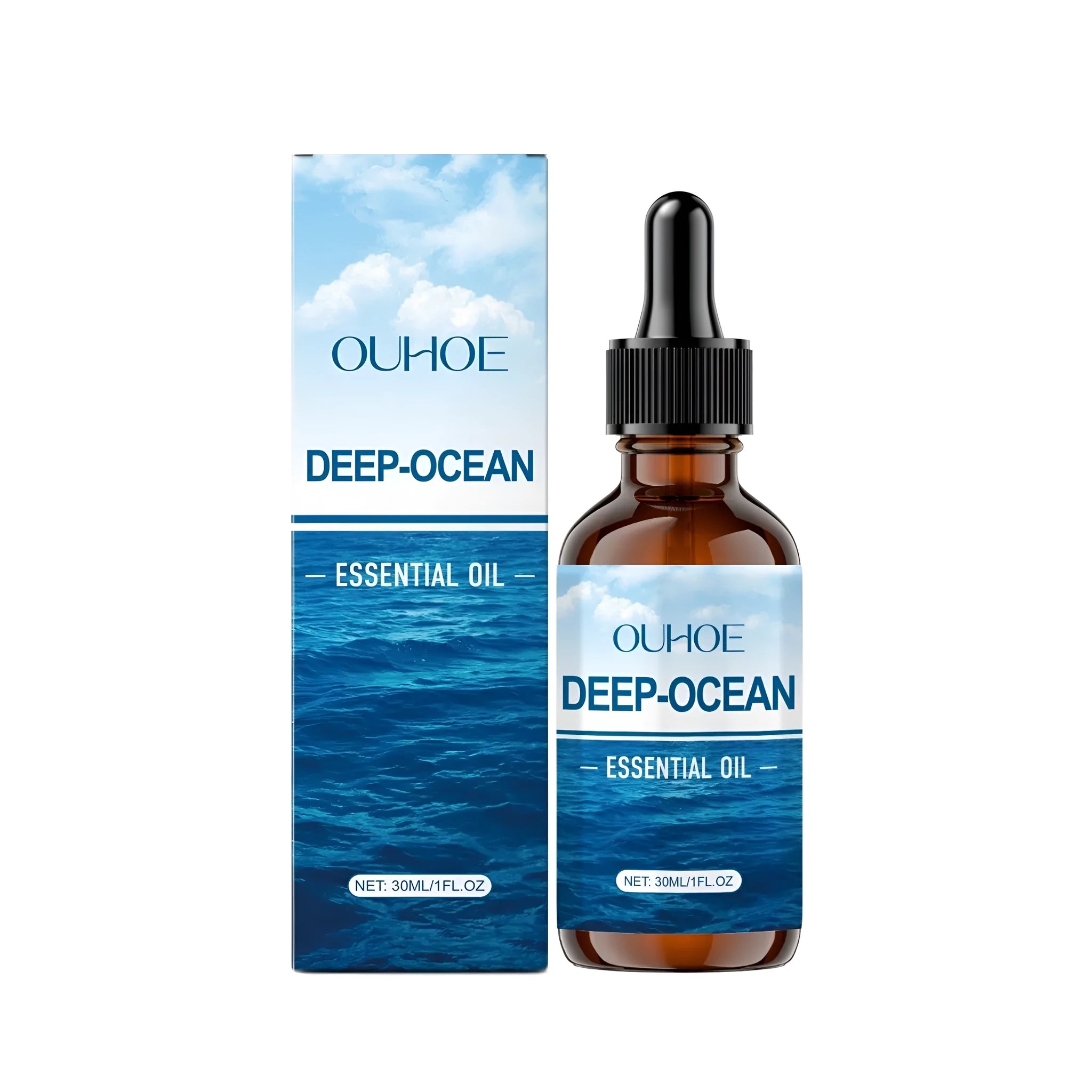30ml glass bottle of Deep-Ocean essential oil blend with ingredients label visible.