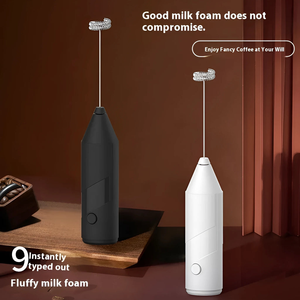 Handheld USB rechargeable milk frother in black, white or khaki with stainless steel stirring rod