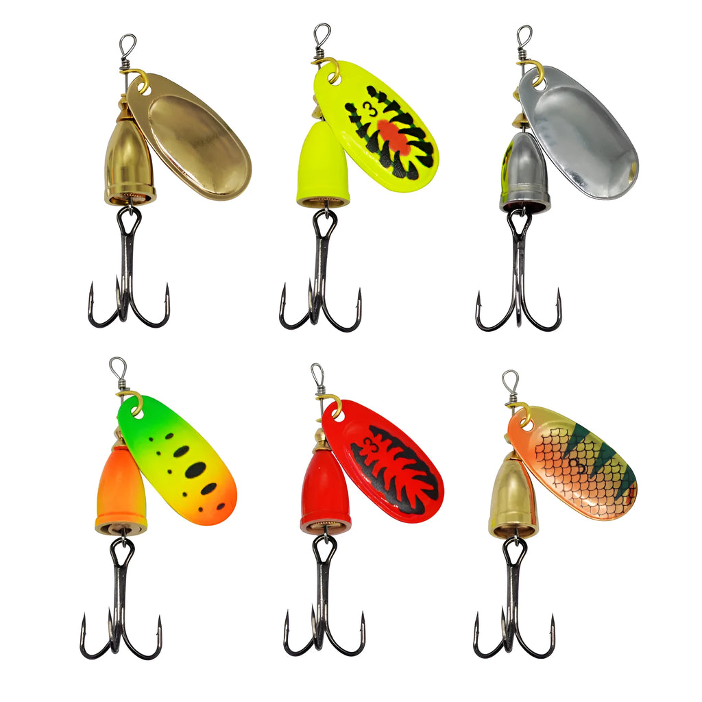 R Composite rotating sequins copper bell metal fishing lure showing available colour options.